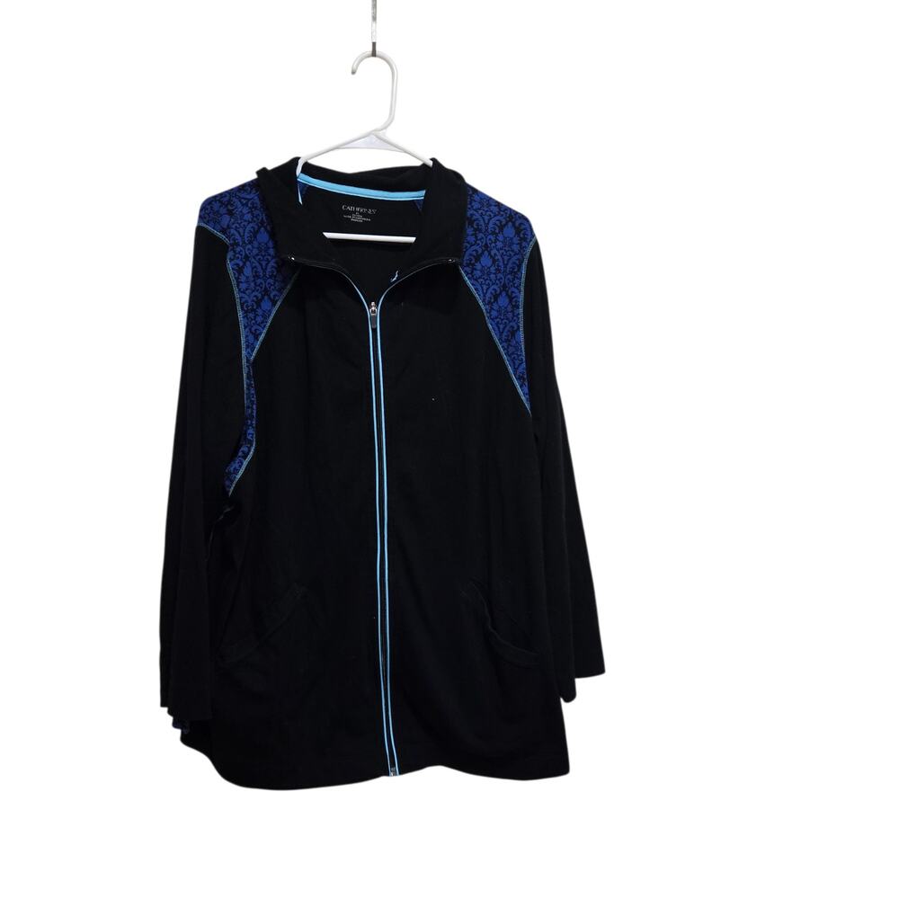 Catherines 2X Zip Jacket Black Blue Damask Stretch Plus Size